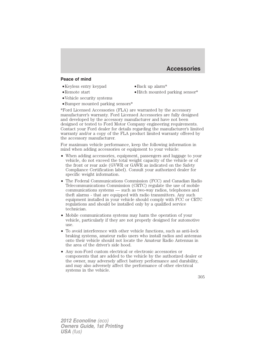 Peace of mind, Accessories | FORD 2012 E-450 User Manual | Page 305 / 335