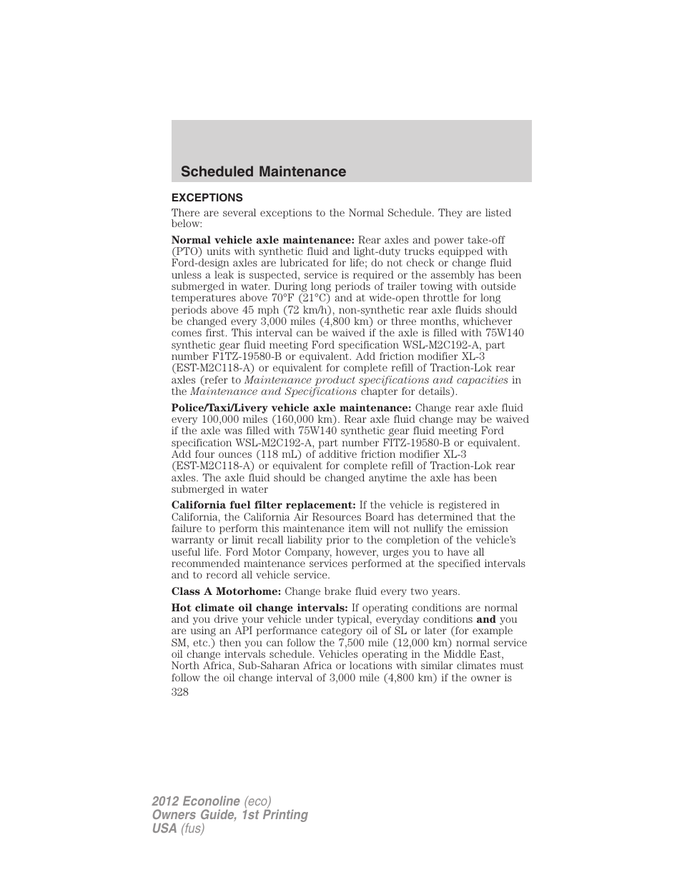 Exceptions, Scheduled maintenance | FORD 2012 E-450 User Manual | Page 328 / 335