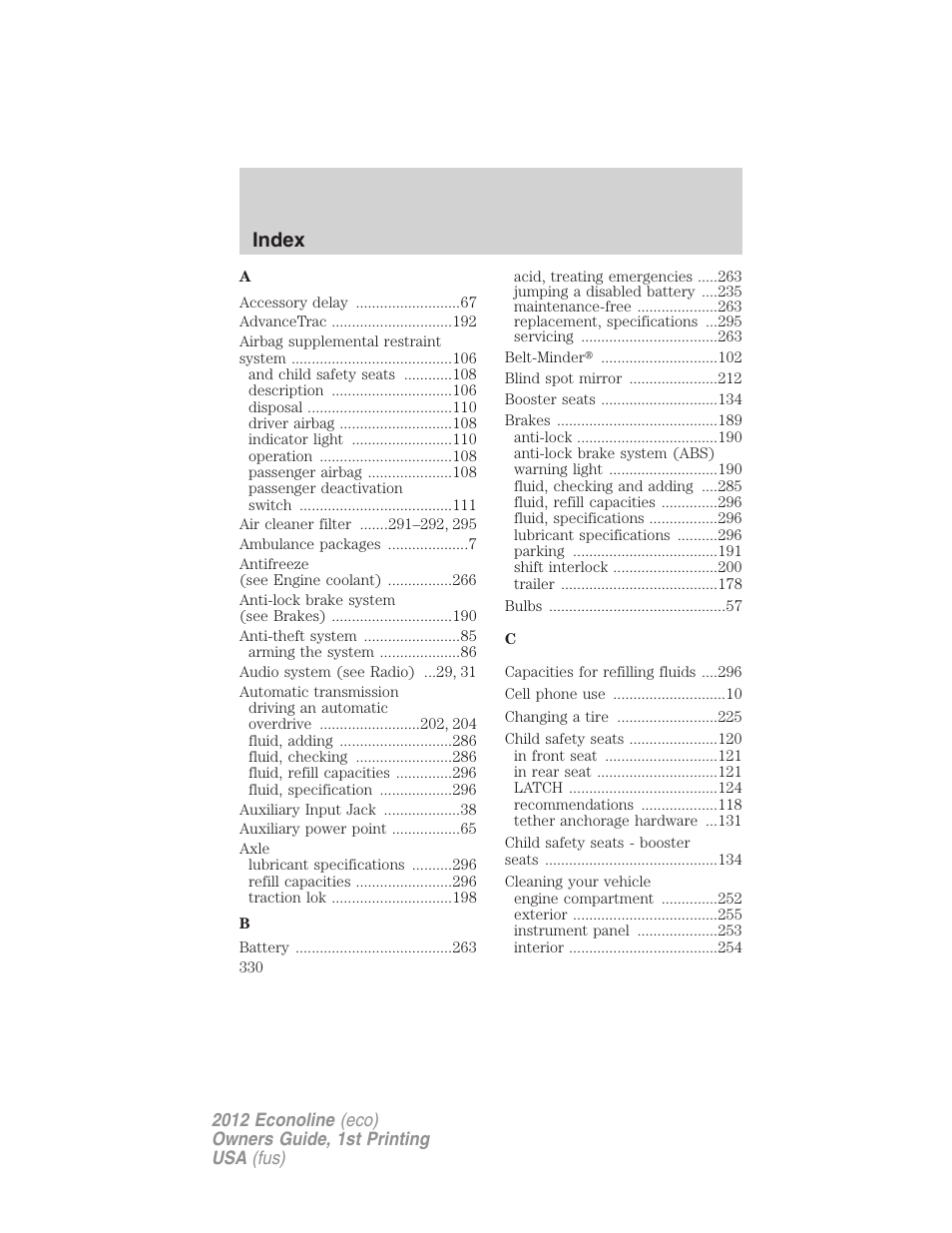 Index | FORD 2012 E-450 User Manual | Page 330 / 335