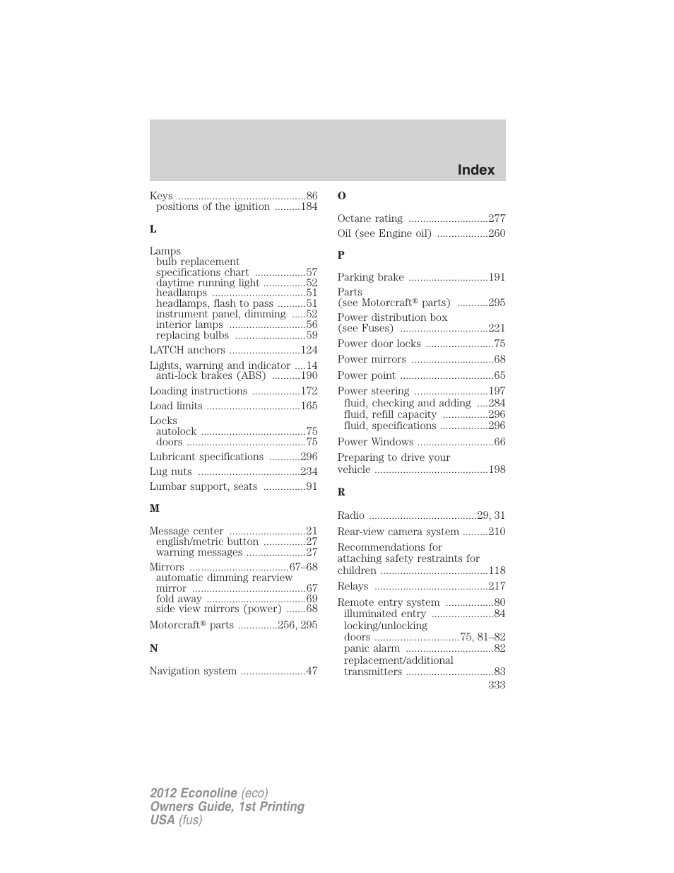 Index | FORD 2012 E-450 User Manual | Page 333 / 335