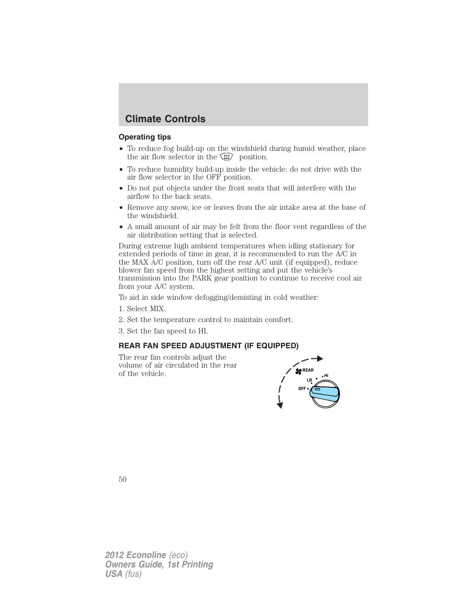 Operating tips, Rear fan speed adjustment (if equipped), Climate controls | FORD 2012 E-450 User Manual | Page 50 / 335