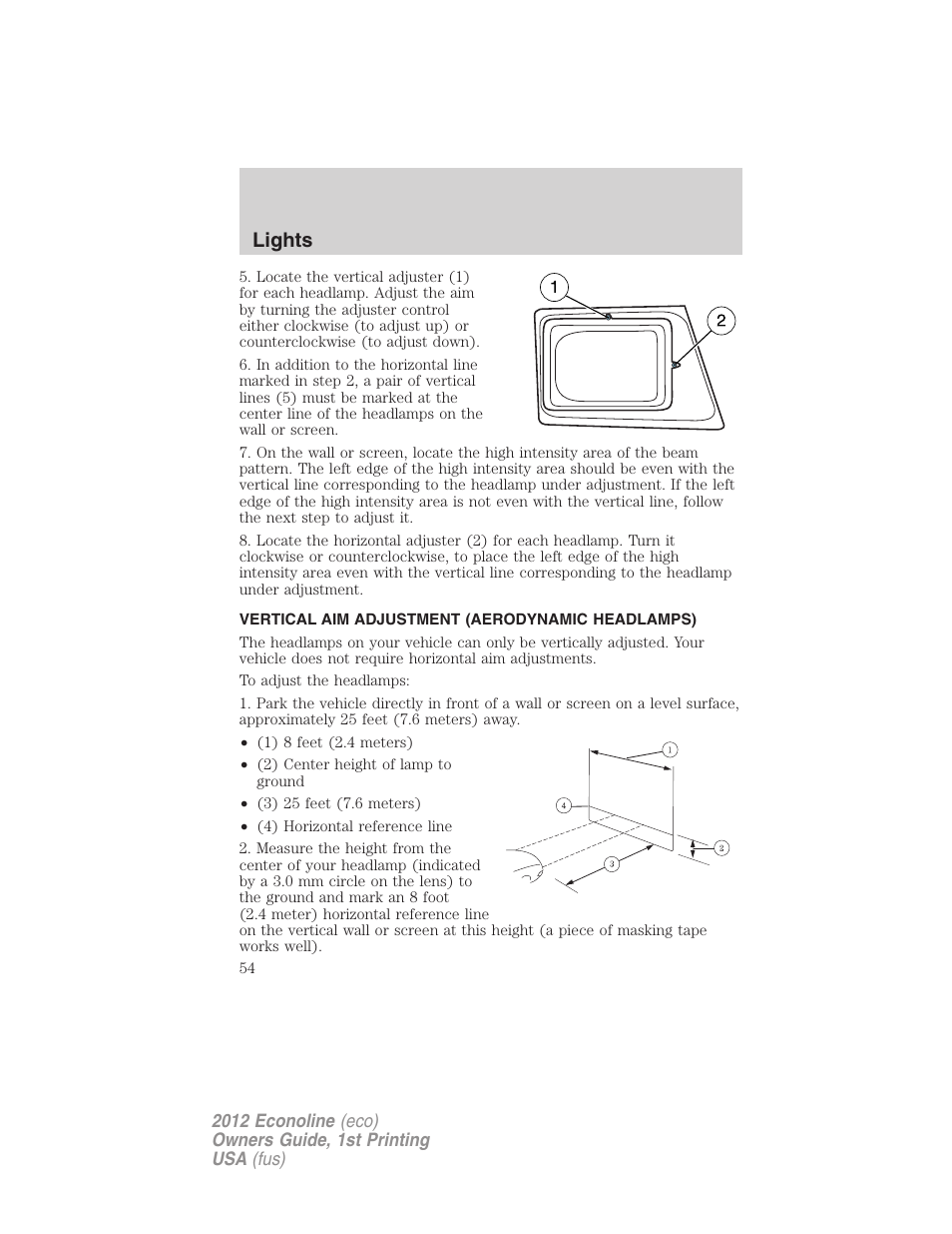 Vertical aim adjustment (aerodynamic headlamps), Lights | FORD 2012 E-450 User Manual | Page 54 / 335