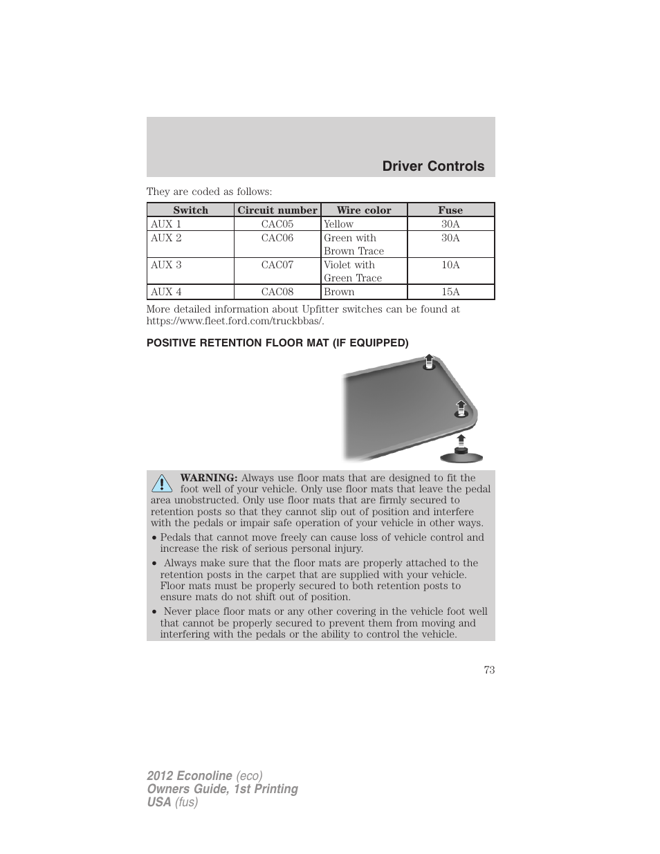 Positive retention floor mat (if equipped), Driver controls | FORD 2012 E-450 User Manual | Page 73 / 335
