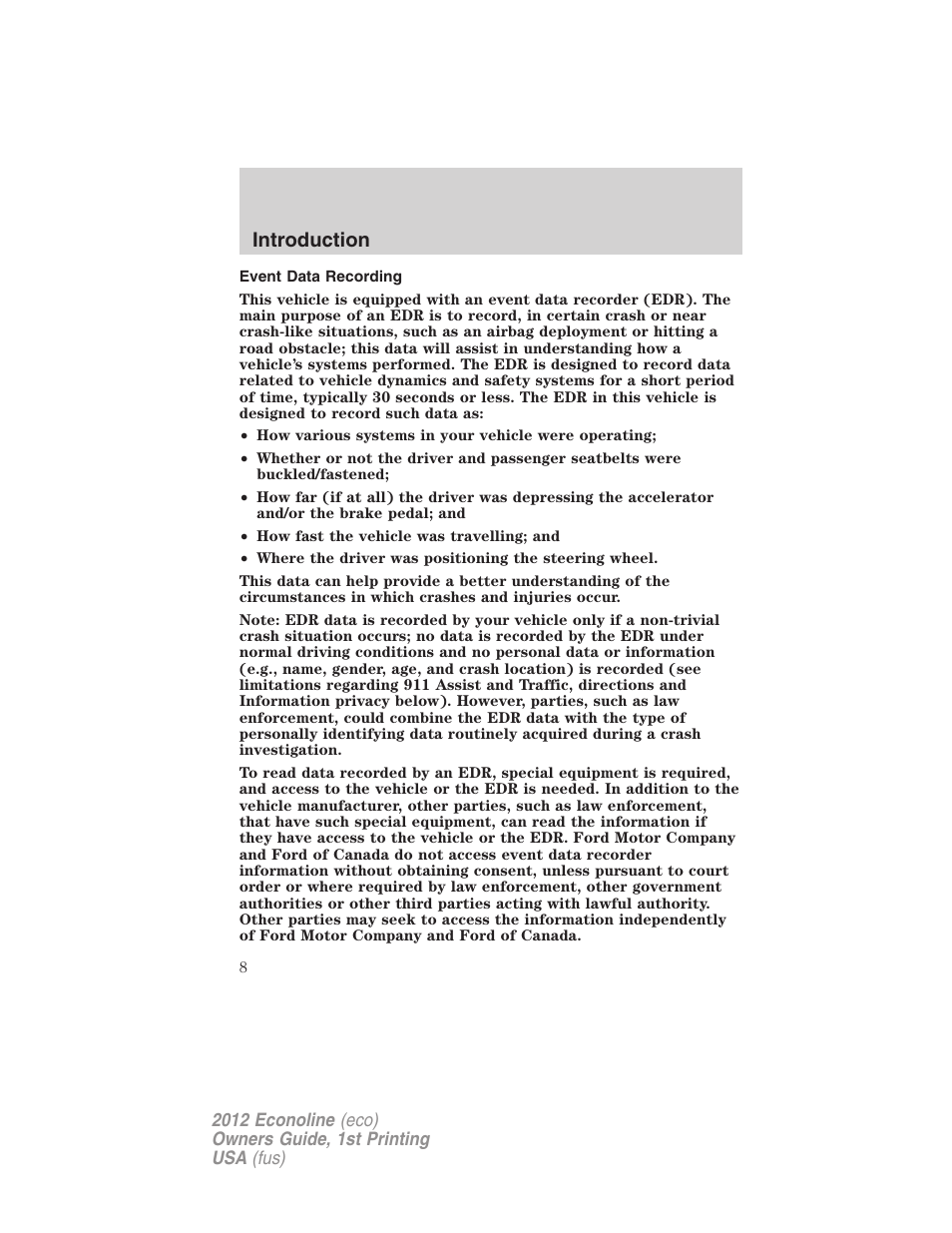 Event data recording, Introduction | FORD 2012 E-450 User Manual | Page 8 / 335
