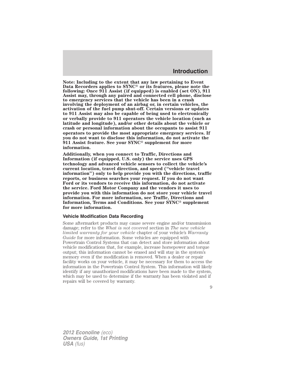 Vehicle modification data recording, Introduction | FORD 2012 E-450 User Manual | Page 9 / 335