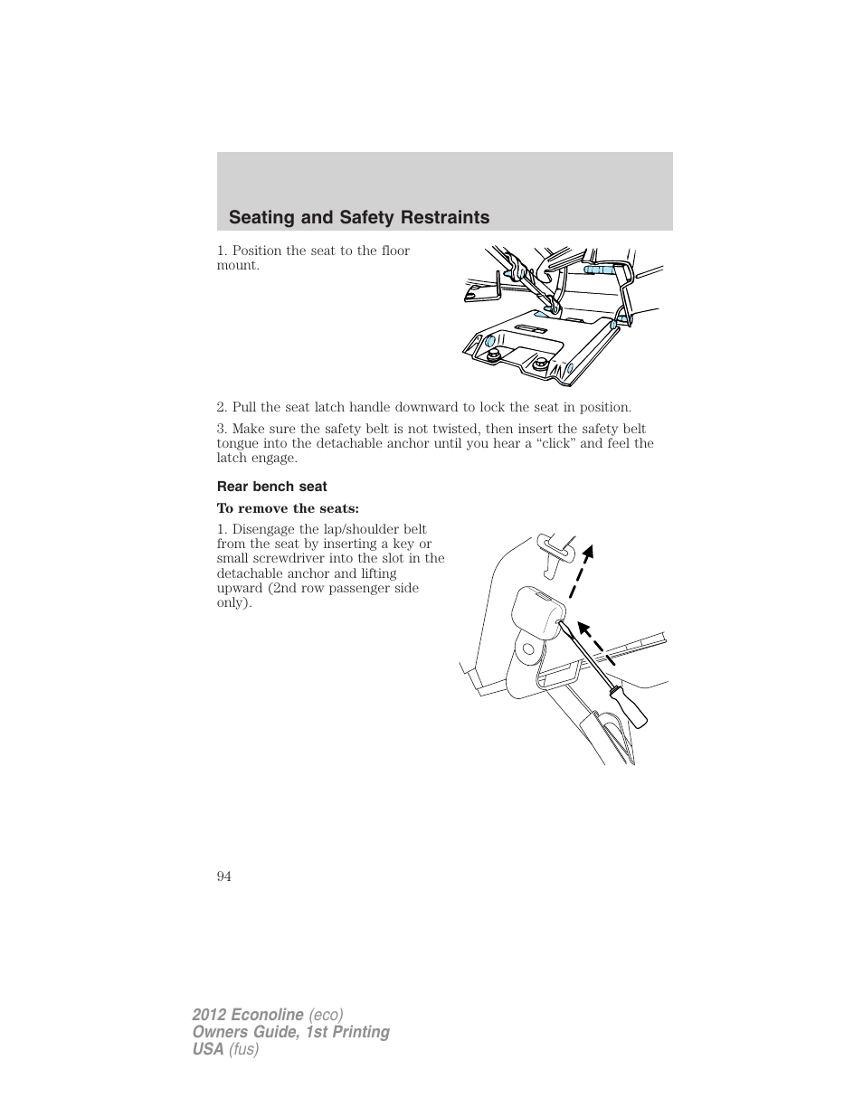 Rear bench seat, Seating and safety restraints | FORD 2012 E-450 User Manual | Page 94 / 335