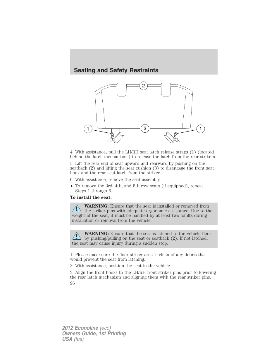 Seating and safety restraints | FORD 2012 E-450 User Manual | Page 96 / 335