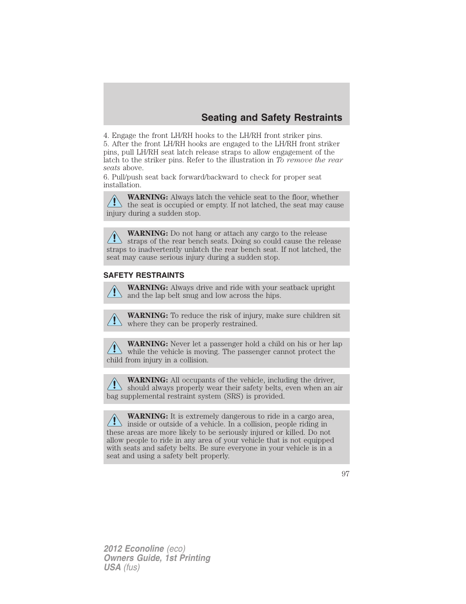 Safety restraints, Seating and safety restraints | FORD 2012 E-450 User Manual | Page 97 / 335