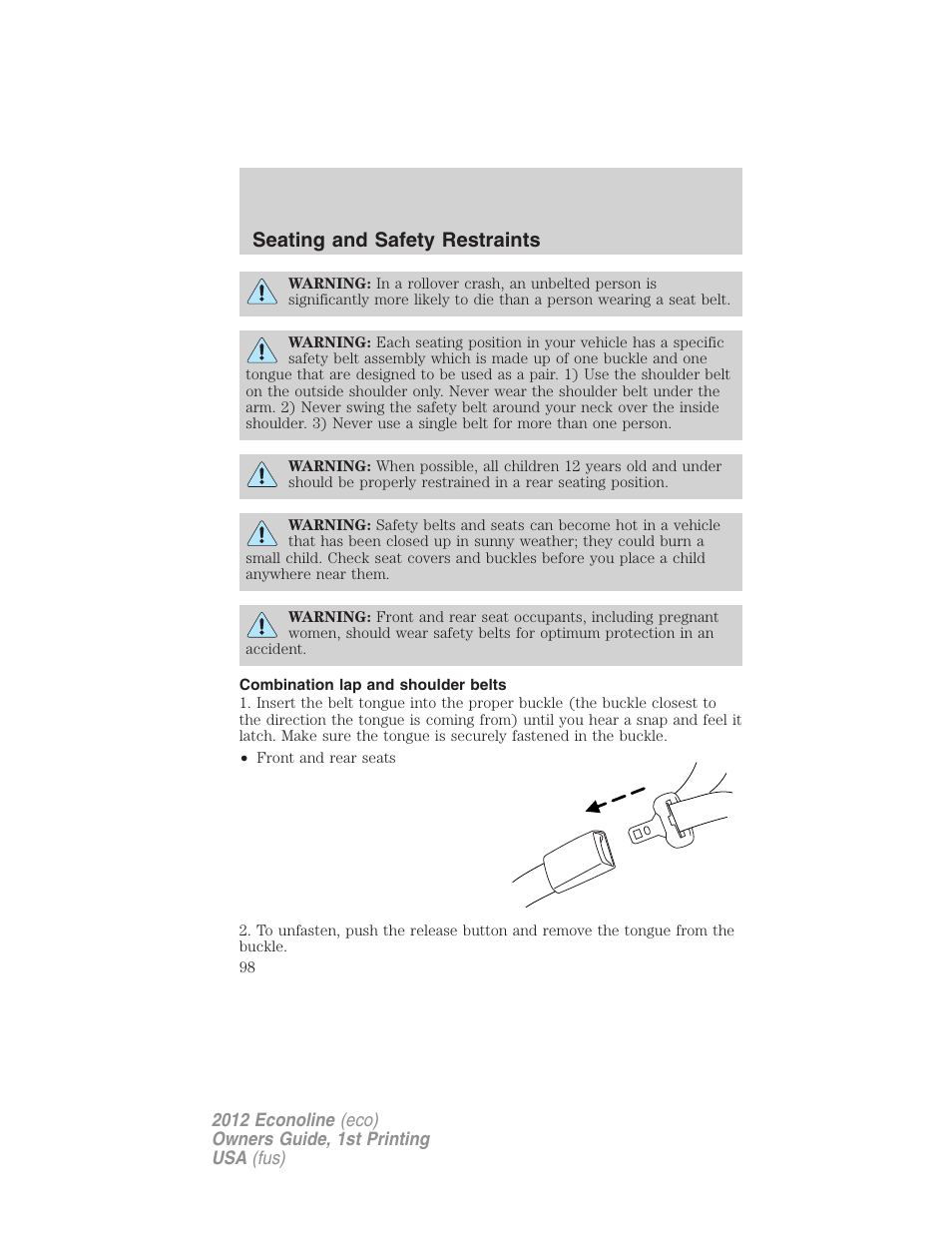 Combination lap and shoulder belts, Seating and safety restraints | FORD 2012 E-450 User Manual | Page 98 / 335