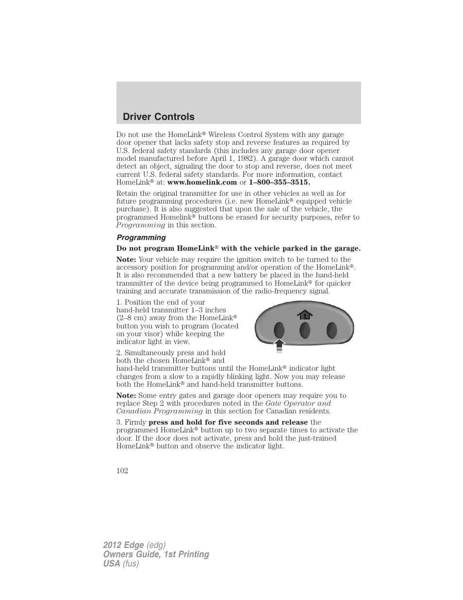 Programming, Driver controls | FORD 2012 Edge User Manual | Page 102 / 396