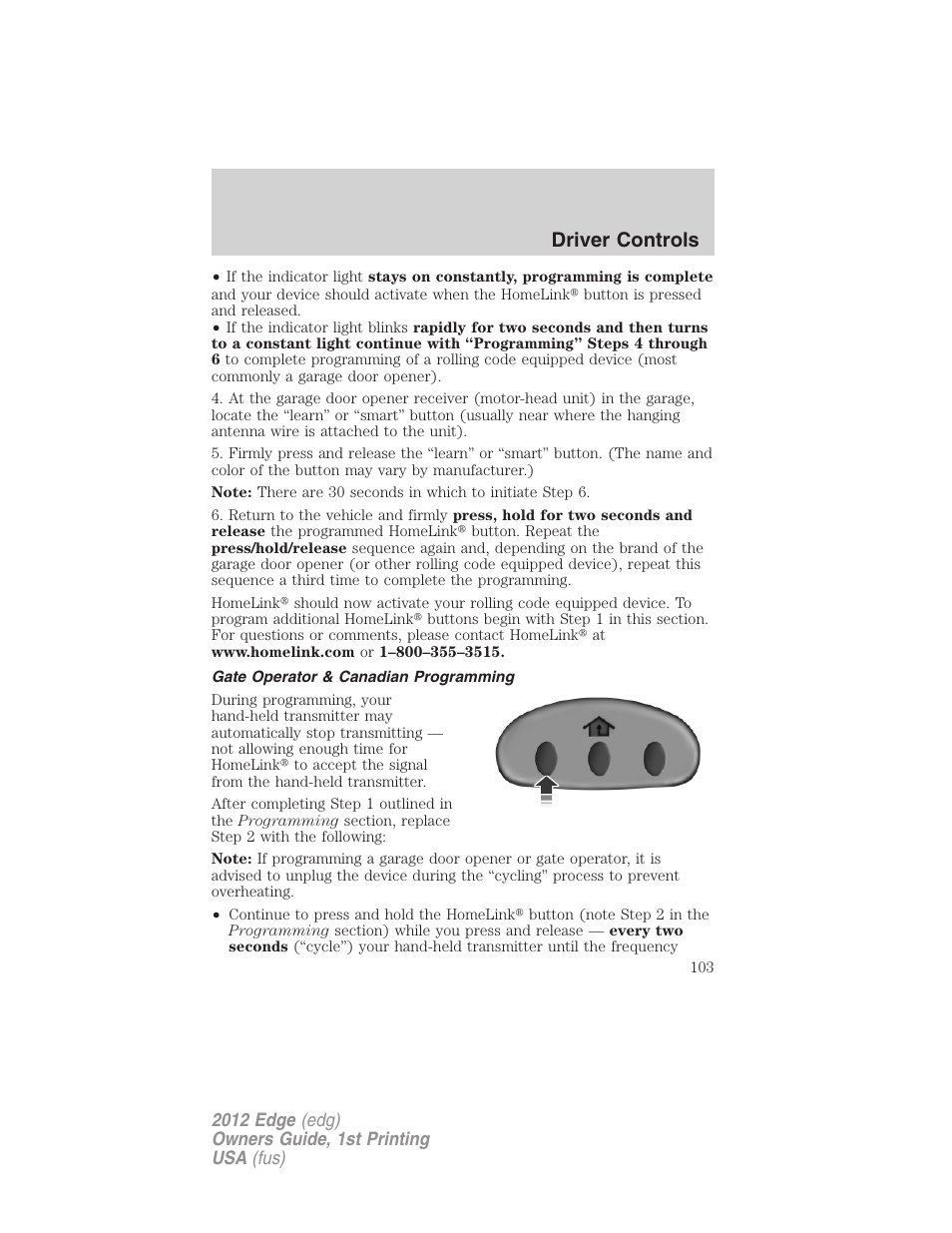 Gate operator & canadian programming, Driver controls | FORD 2012 Edge User Manual | Page 103 / 396