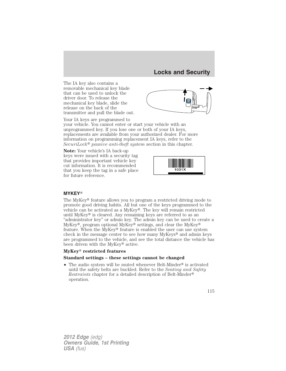 Mykey, Locks and security | FORD 2012 Edge User Manual | Page 115 / 396