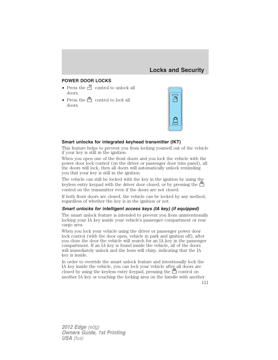 Power door locks, Locks, Locks and security | FORD 2012 Edge User Manual | Page 121 / 396