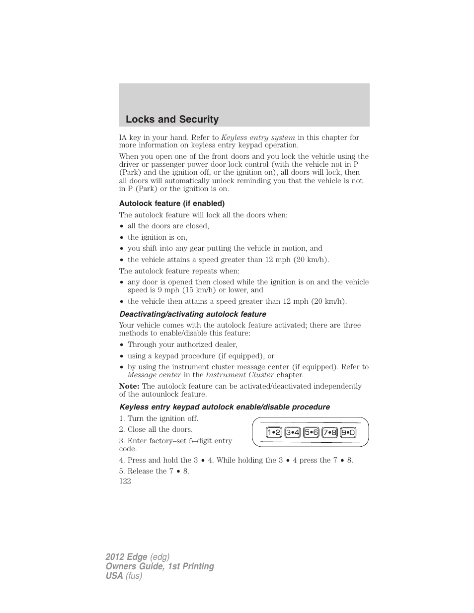 Autolock feature (if enabled), Deactivating/activating autolock feature, Locks and security | FORD 2012 Edge User Manual | Page 122 / 396