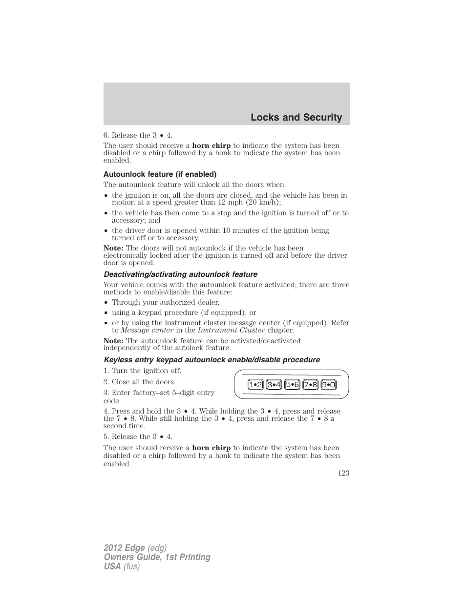 Autounlock feature (if enabled), Deactivating/activating autounlock feature, Locks and security | FORD 2012 Edge User Manual | Page 123 / 396