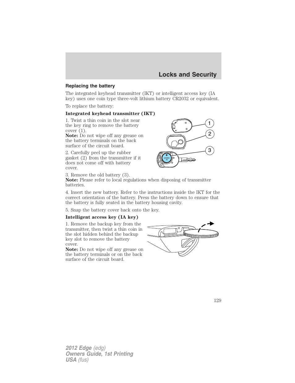 Replacing the battery, Locks and security | FORD 2012 Edge User Manual | Page 129 / 396