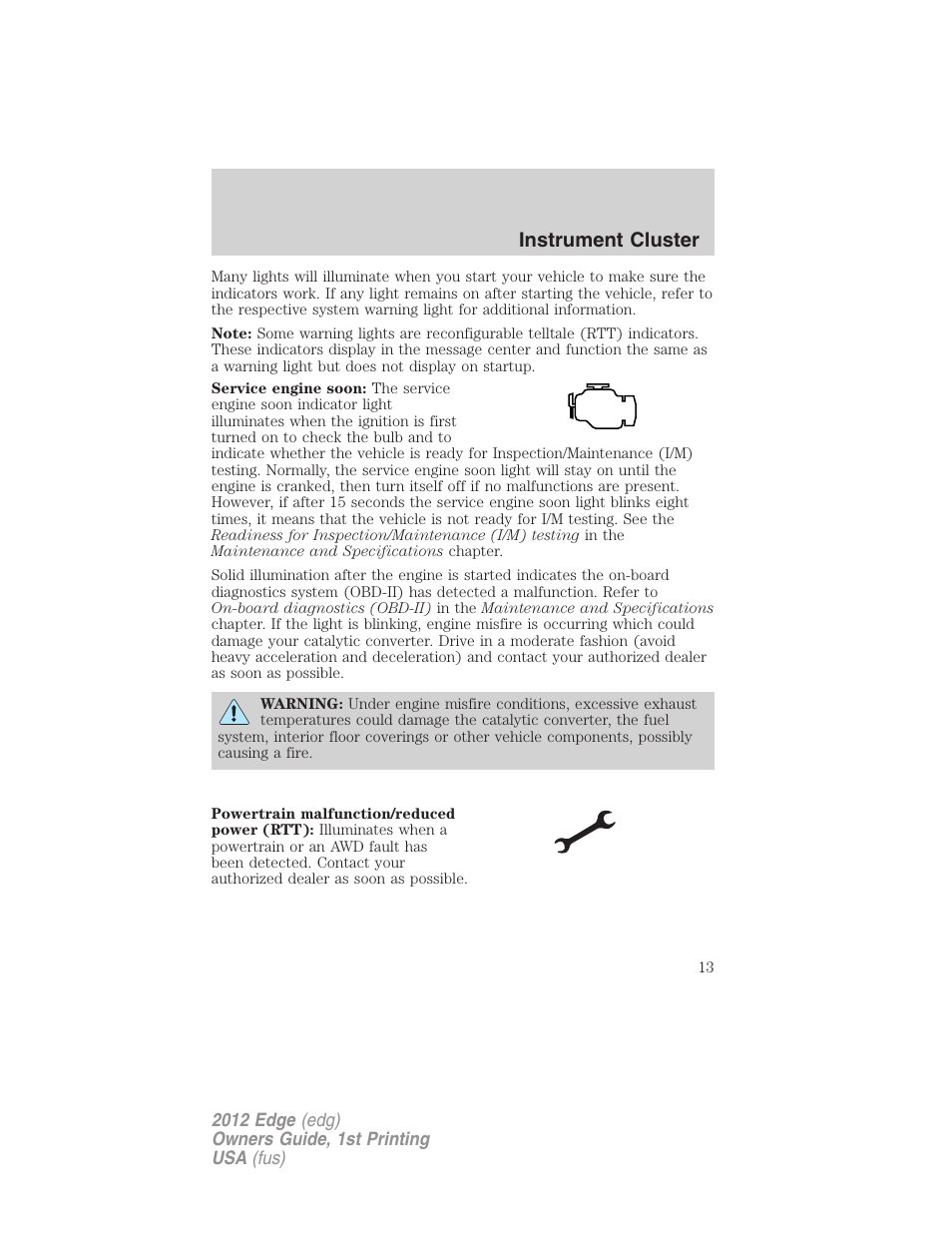 Instrument cluster | FORD 2012 Edge User Manual | Page 13 / 396