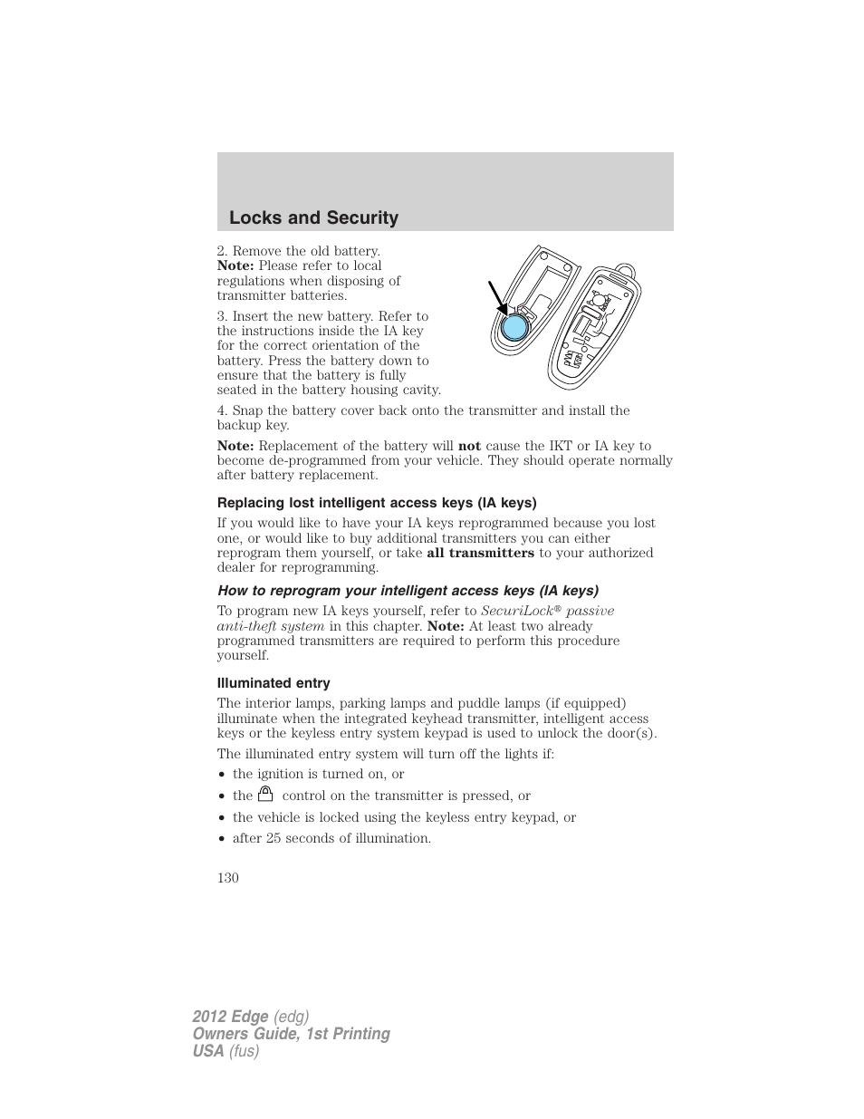 Replacing lost intelligent access keys (ia keys), Illuminated entry, Locks and security | FORD 2012 Edge User Manual | Page 130 / 396