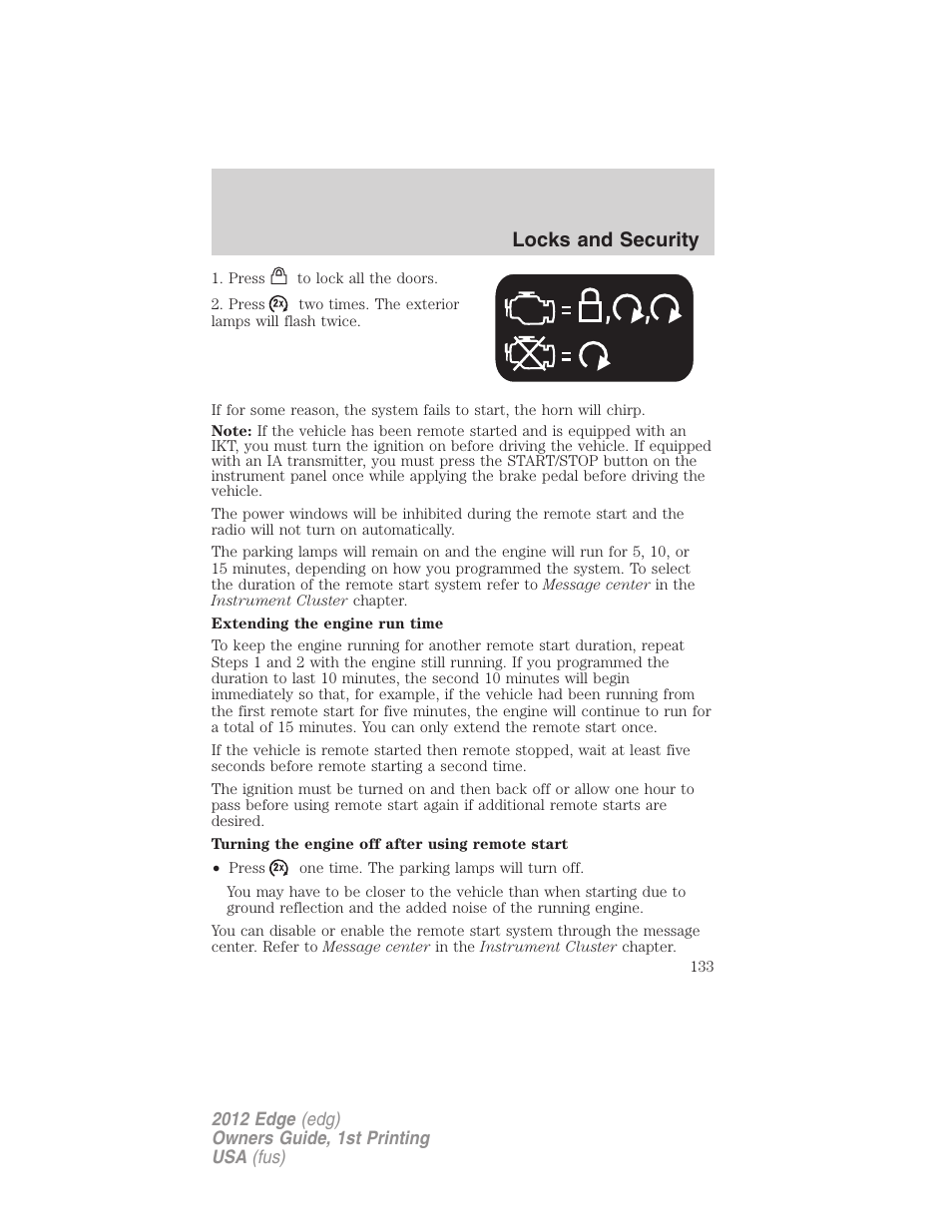 Locks and security | FORD 2012 Edge User Manual | Page 133 / 396