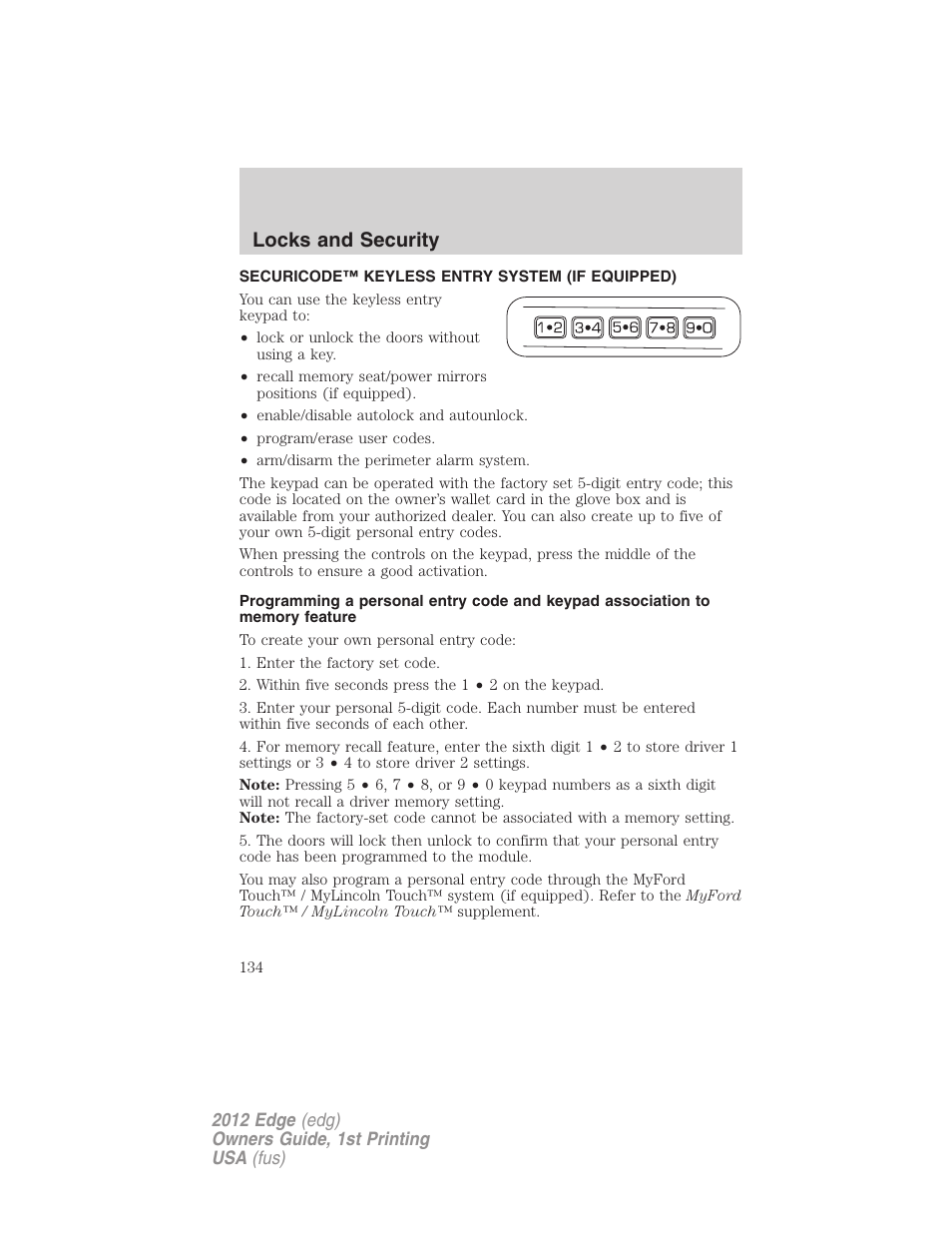 Securicode™ keyless entry system (if equipped), Locks and security | FORD 2012 Edge User Manual | Page 134 / 396