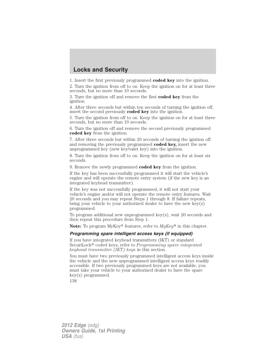Locks and security | FORD 2012 Edge User Manual | Page 138 / 396