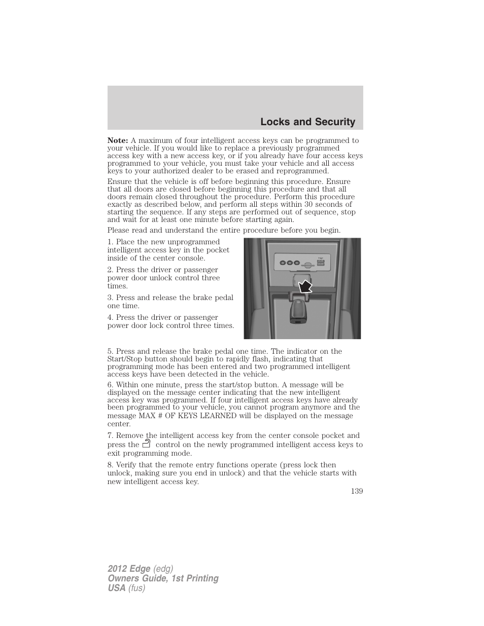 Locks and security | FORD 2012 Edge User Manual | Page 139 / 396