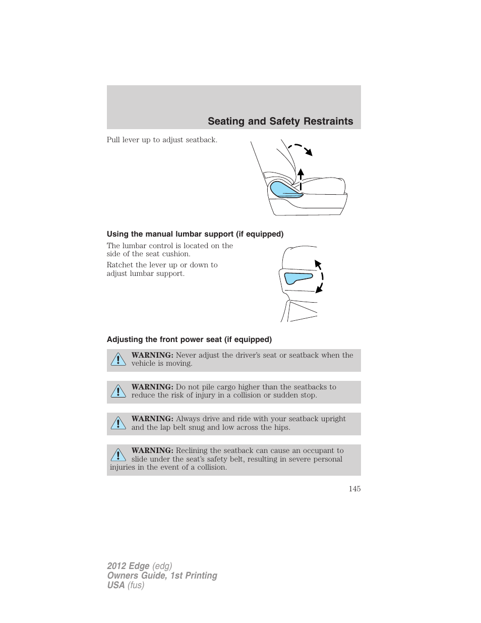 Using the manual lumbar support (if equipped), Adjusting the front power seat (if equipped), Seating and safety restraints | FORD 2012 Edge User Manual | Page 145 / 396