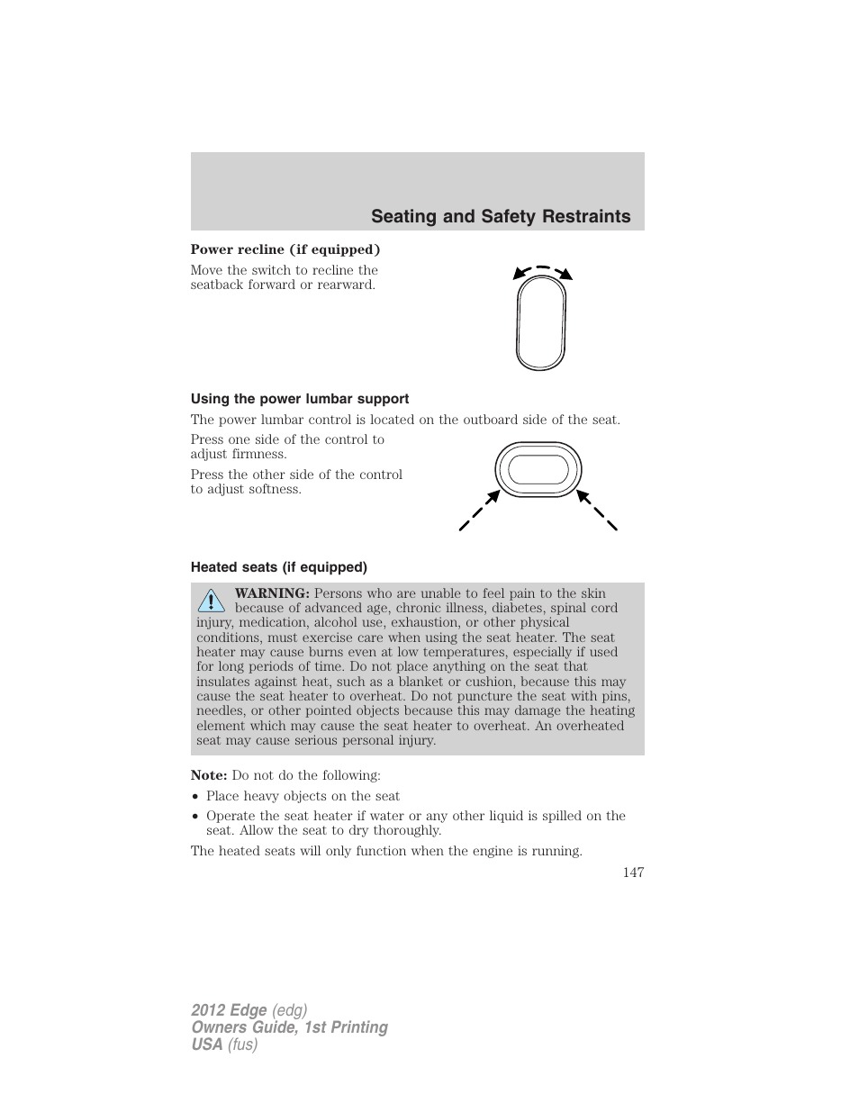 Using the power lumbar support, Heated seats (if equipped), Seating and safety restraints | FORD 2012 Edge User Manual | Page 147 / 396