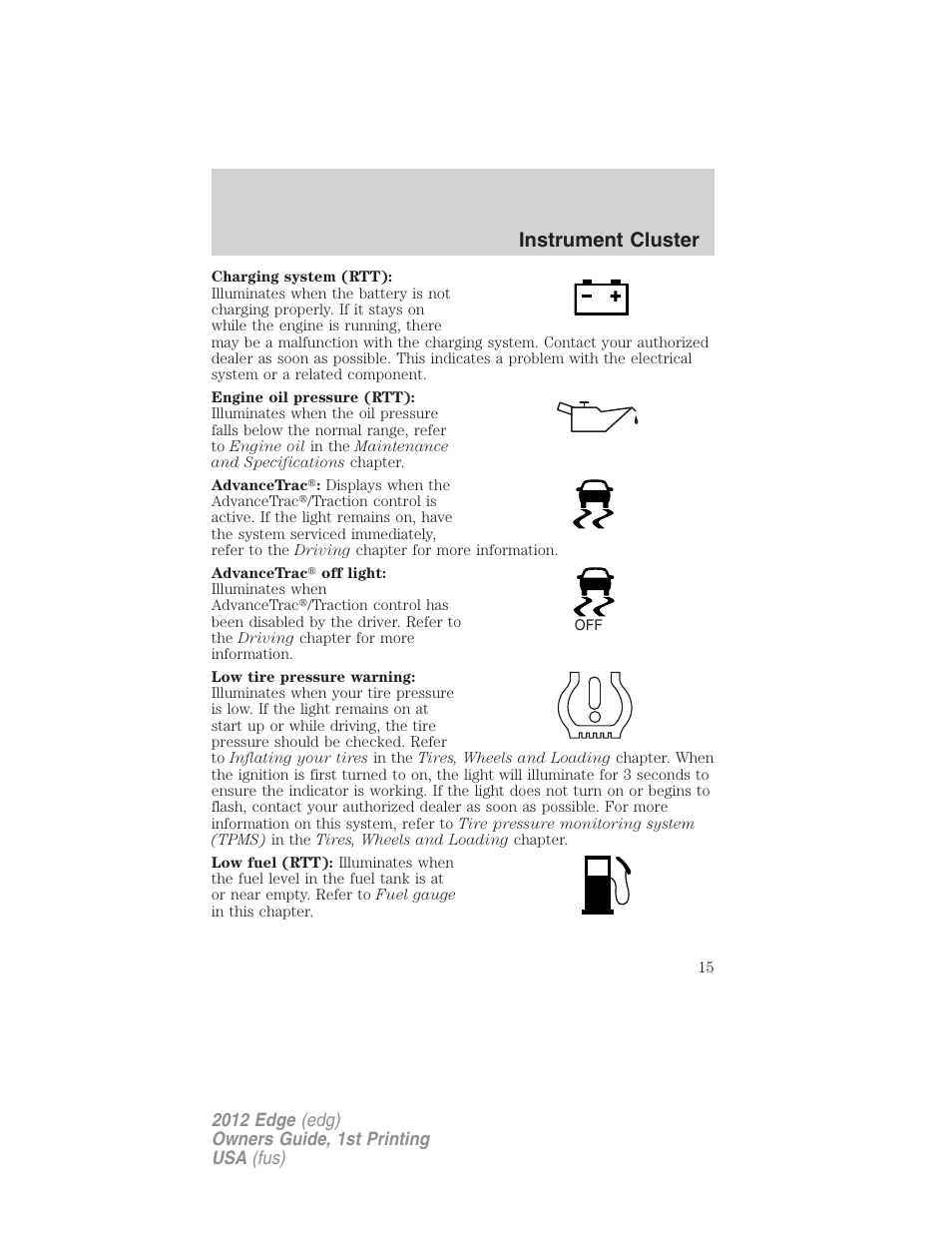 Instrument cluster | FORD 2012 Edge User Manual | Page 15 / 396