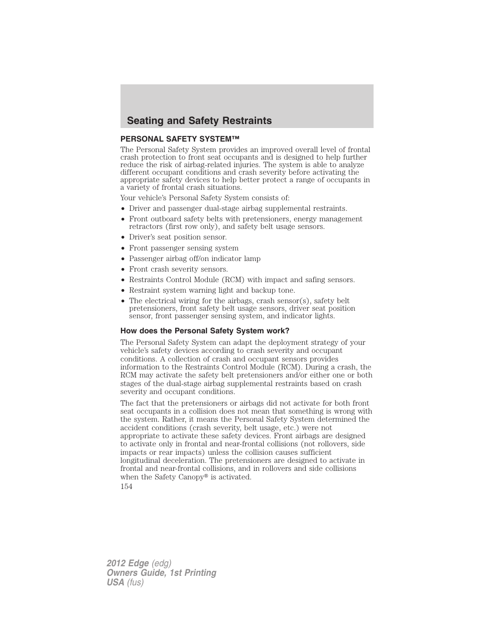 Personal safety system, How does the personal safety system work, Seating and safety restraints | FORD 2012 Edge User Manual | Page 154 / 396