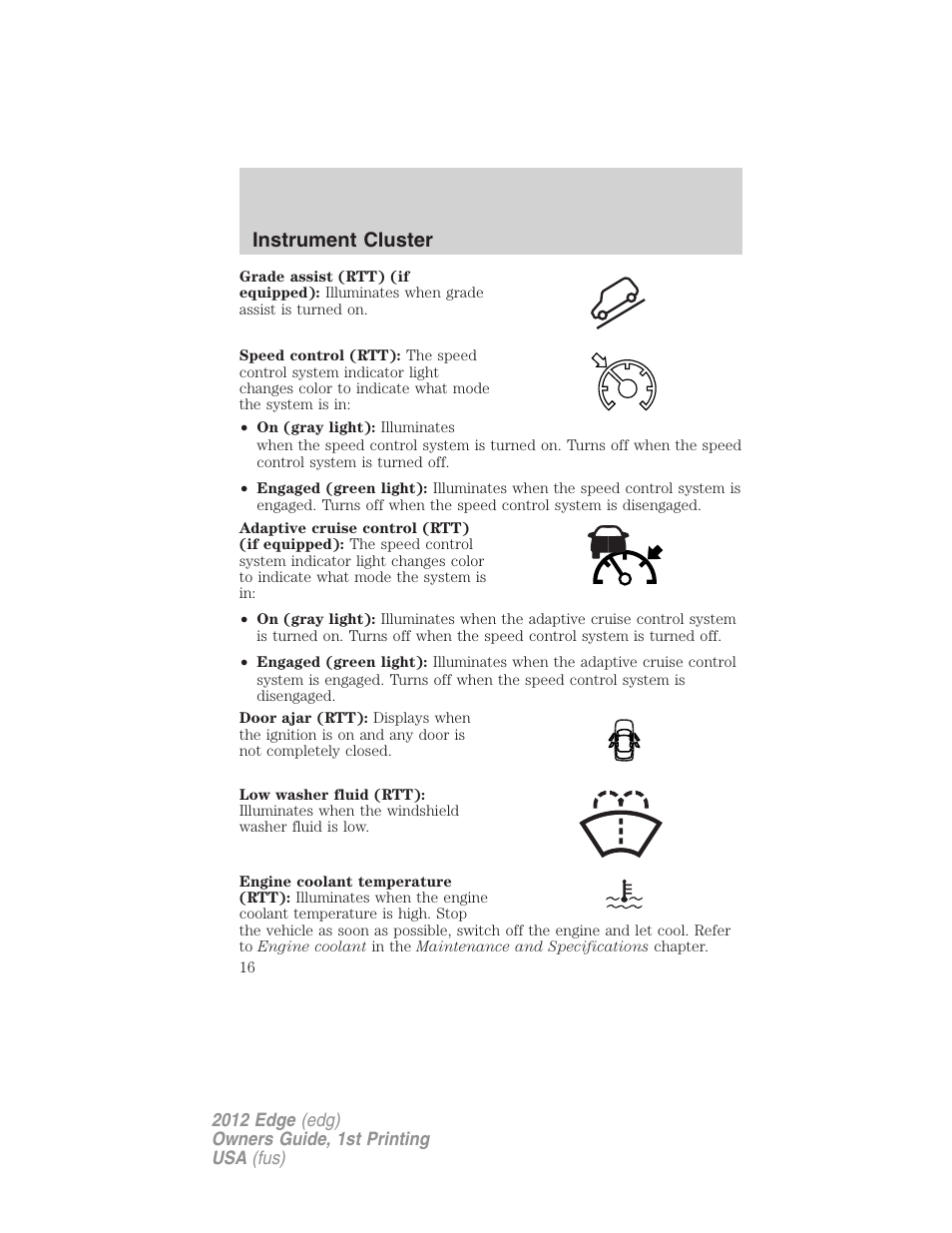 Instrument cluster | FORD 2012 Edge User Manual | Page 16 / 396