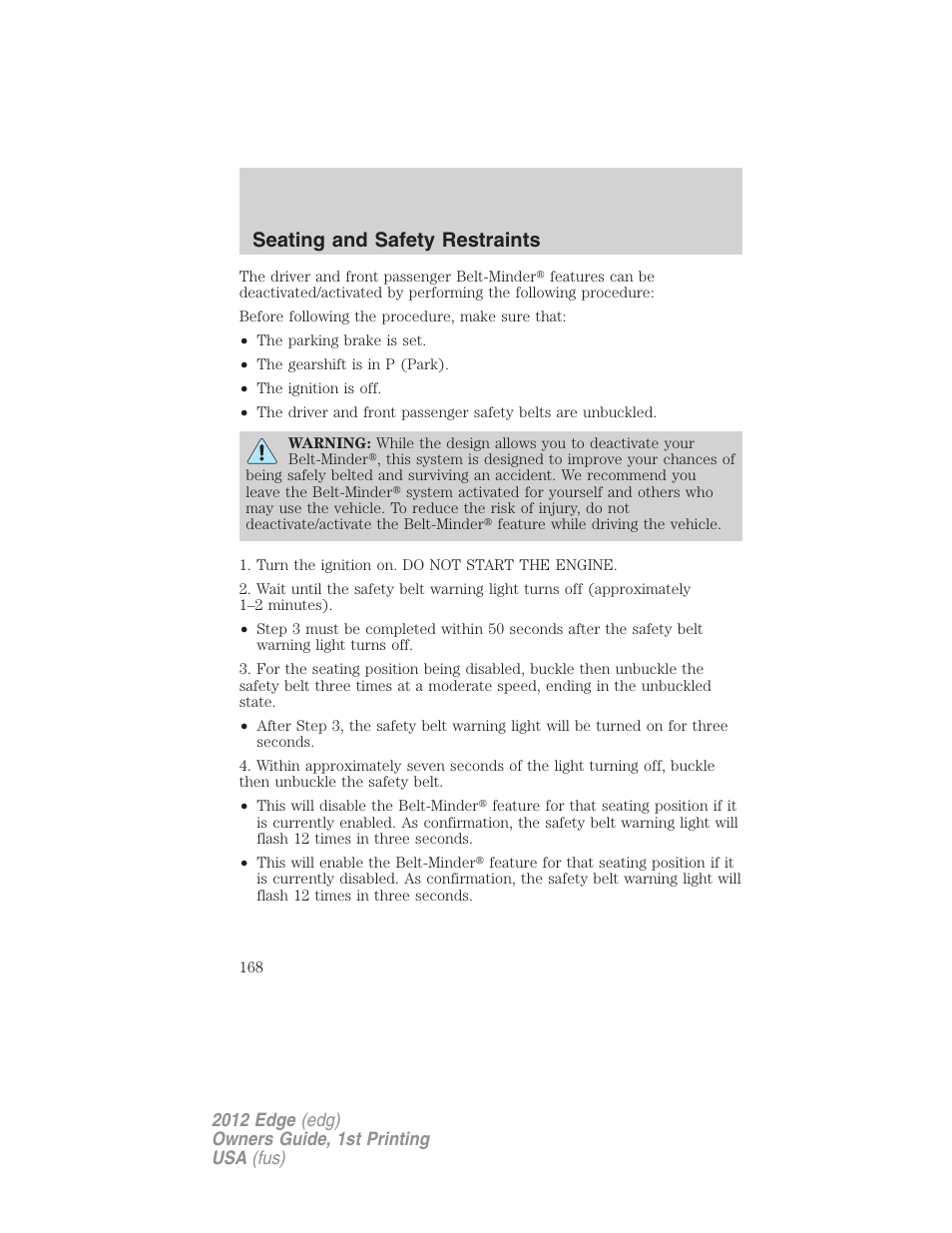 Seating and safety restraints | FORD 2012 Edge User Manual | Page 168 / 396