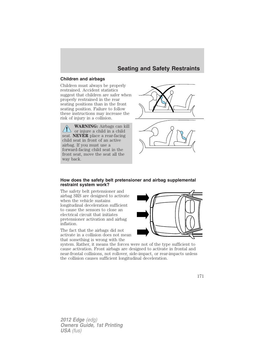 Children and airbags, Seating and safety restraints | FORD 2012 Edge User Manual | Page 171 / 396