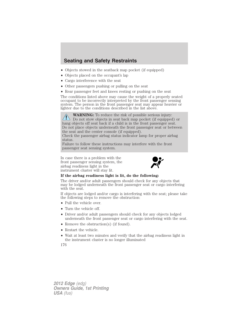 Seating and safety restraints | FORD 2012 Edge User Manual | Page 176 / 396