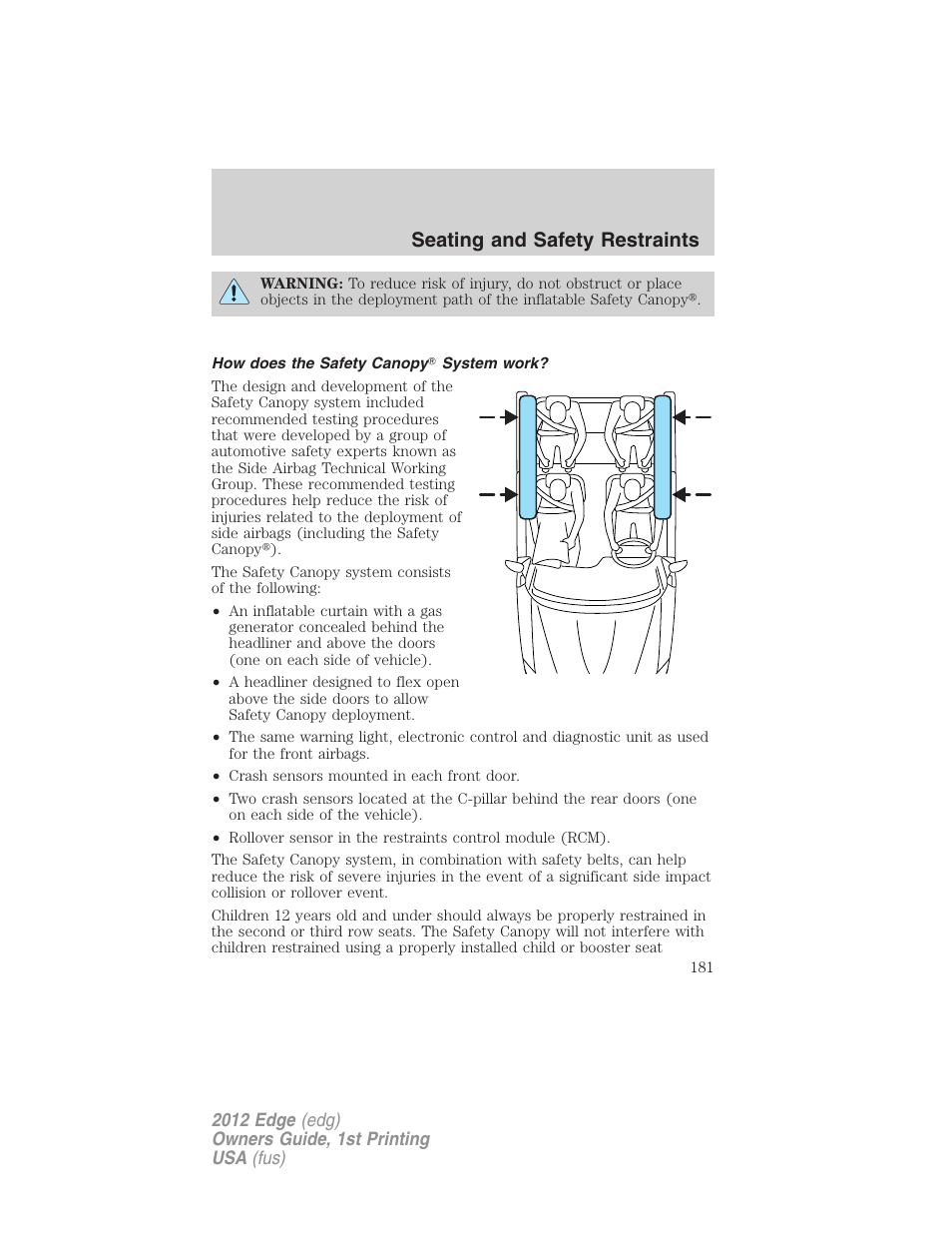 How does the safety canopy? system work, Seating and safety restraints | FORD 2012 Edge User Manual | Page 181 / 396