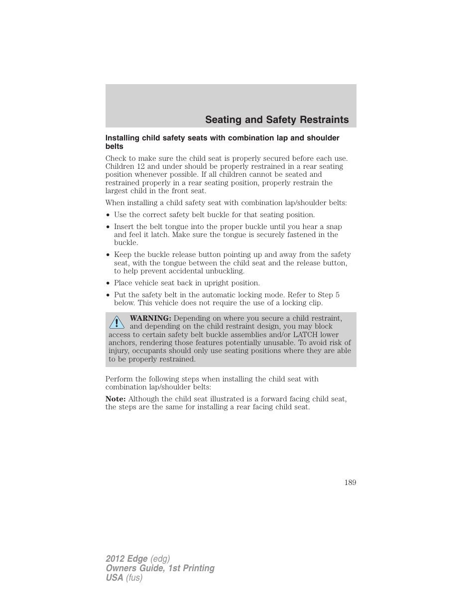 Seating and safety restraints | FORD 2012 Edge User Manual | Page 189 / 396