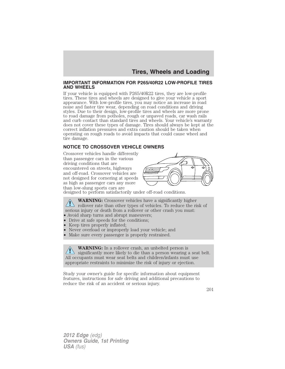 Tires, wheels and loading, Notice to crossover vehicle owners | FORD 2012 Edge User Manual | Page 201 / 396