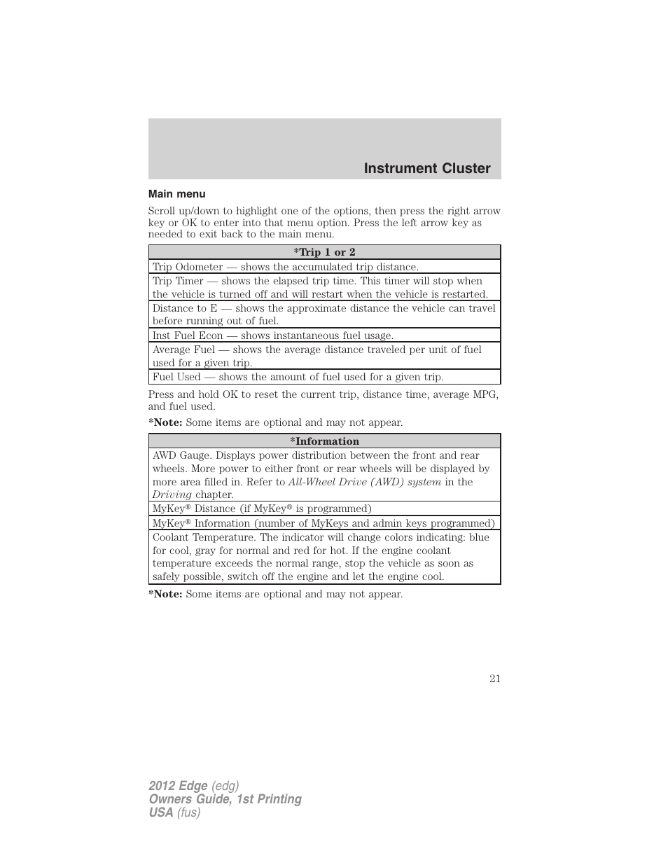 Main menu, Instrument cluster | FORD 2012 Edge User Manual | Page 21 / 396