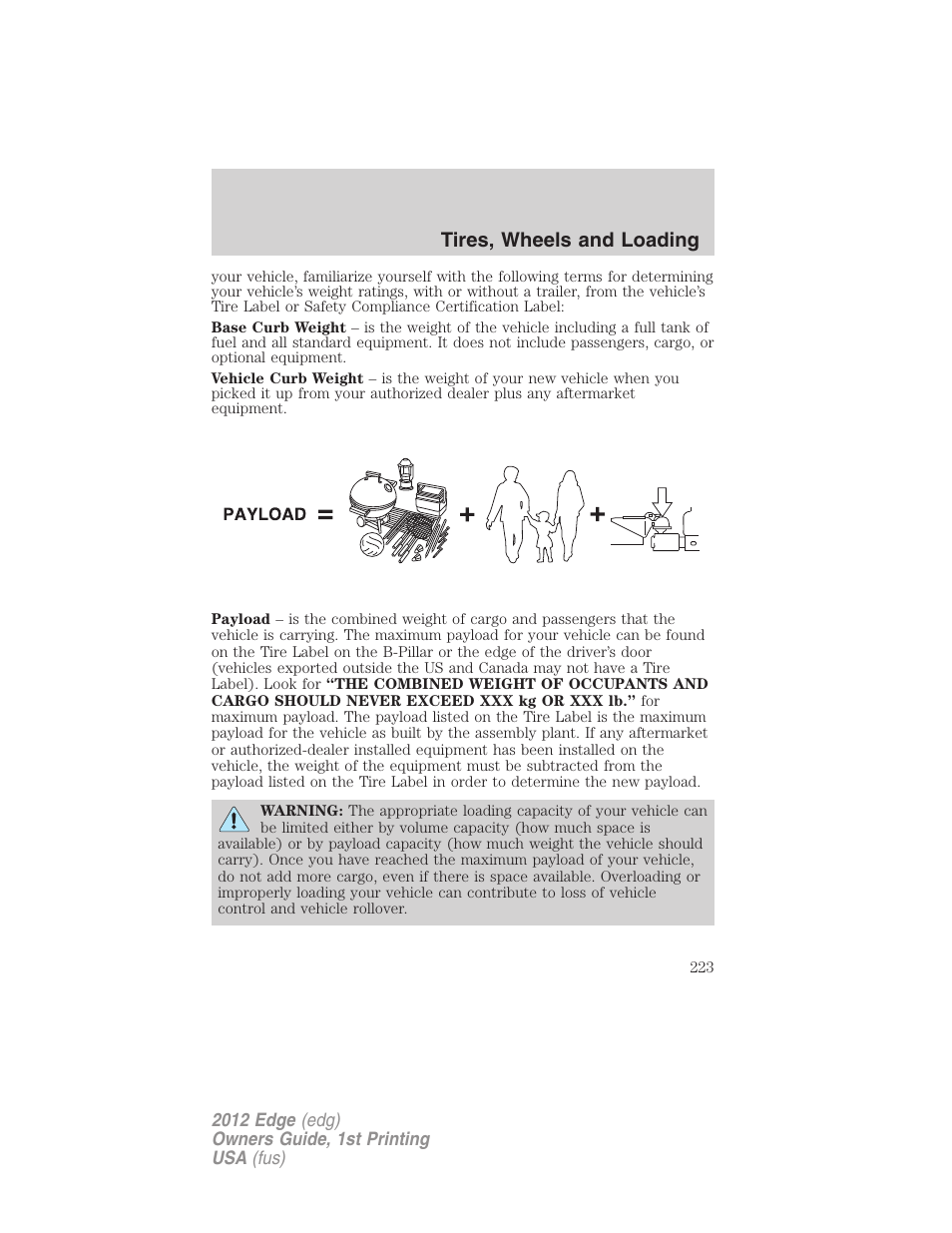 Tires, wheels and loading | FORD 2012 Edge User Manual | Page 223 / 396