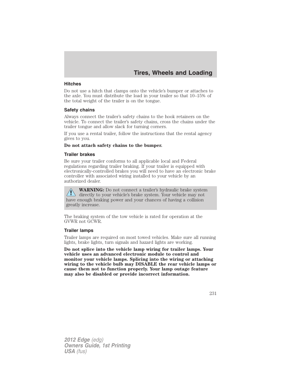 Hitches, Safety chains, Trailer brakes | Trailer lamps, Tires, wheels and loading | FORD 2012 Edge User Manual | Page 231 / 396