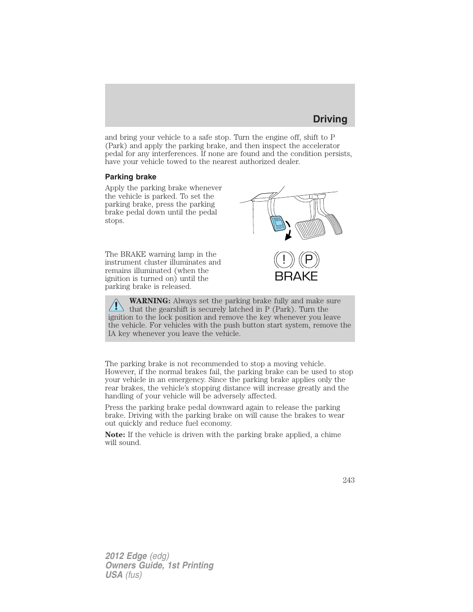 Parking brake, P! brake | FORD 2012 Edge User Manual | Page 243 / 396