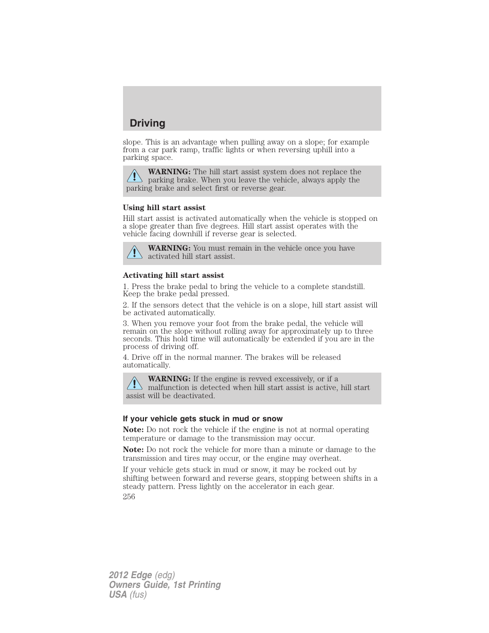 If your vehicle gets stuck in mud or snow, Driving | FORD 2012 Edge User Manual | Page 256 / 396