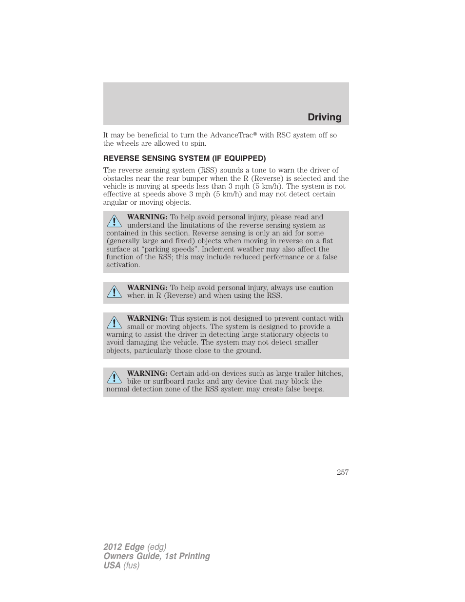 Reverse sensing system (if equipped), Reverse sensing system, Driving | FORD 2012 Edge User Manual | Page 257 / 396