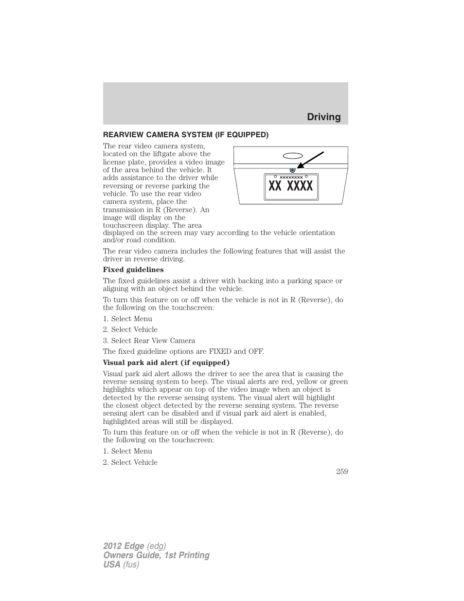 Rearview camera system (if equipped), Rear-view camera system, Driving | FORD 2012 Edge User Manual | Page 259 / 396