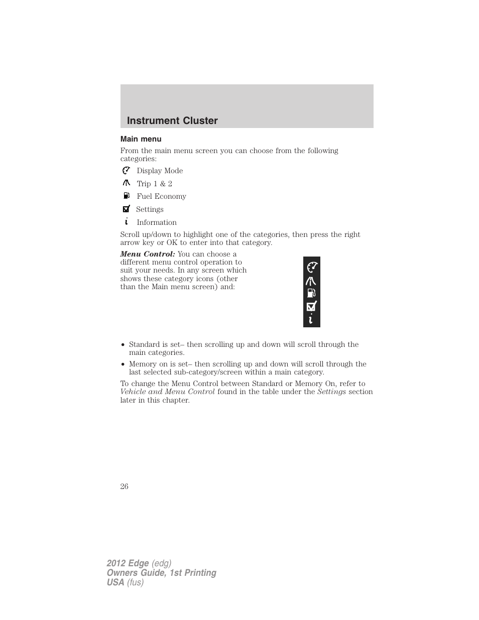 Main menu, Instrument cluster | FORD 2012 Edge User Manual | Page 26 / 396