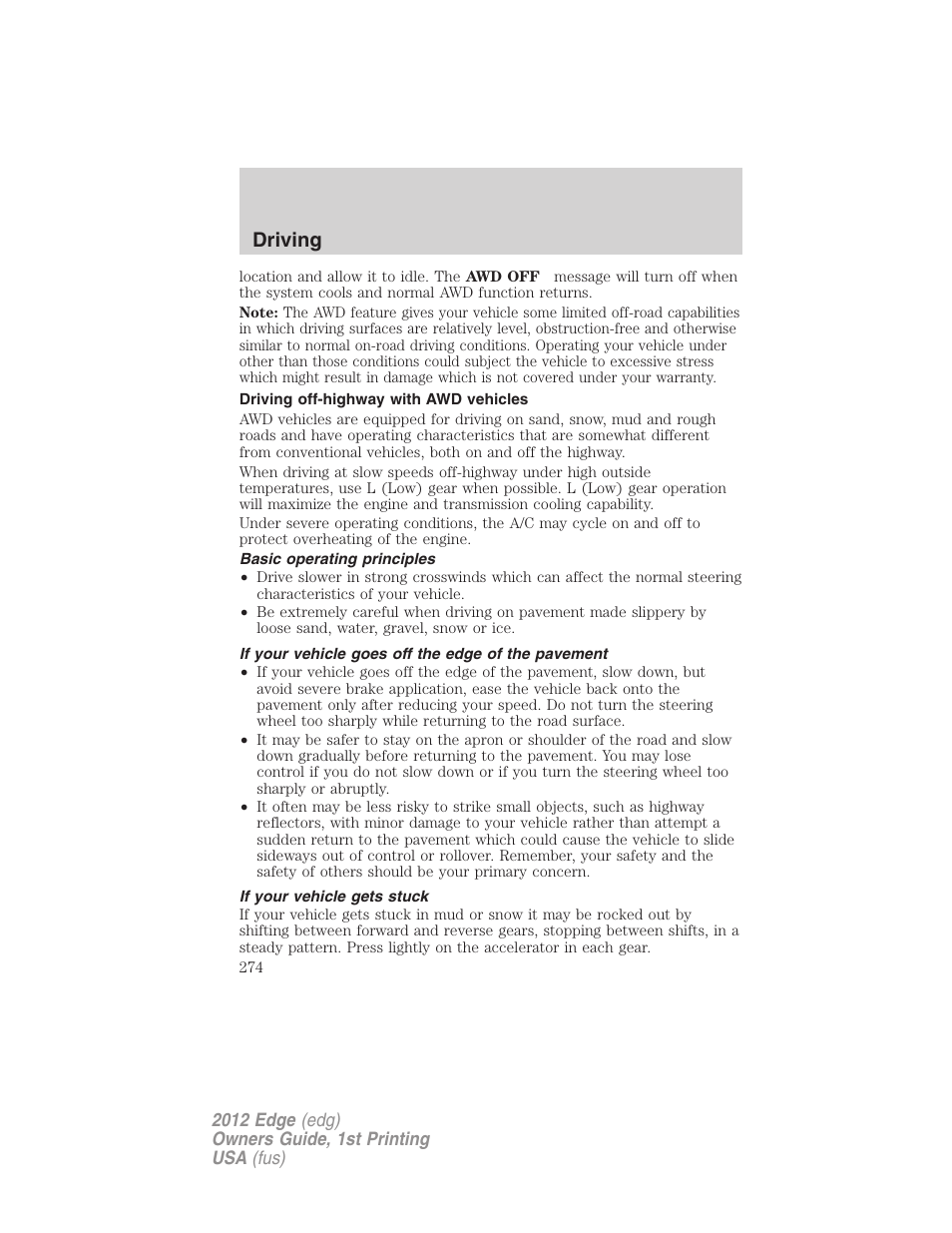 Driving off-highway with awd vehicles, Basic operating principles, If your vehicle goes off the edge of the pavement | If your vehicle gets stuck, Driving | FORD 2012 Edge User Manual | Page 274 / 396