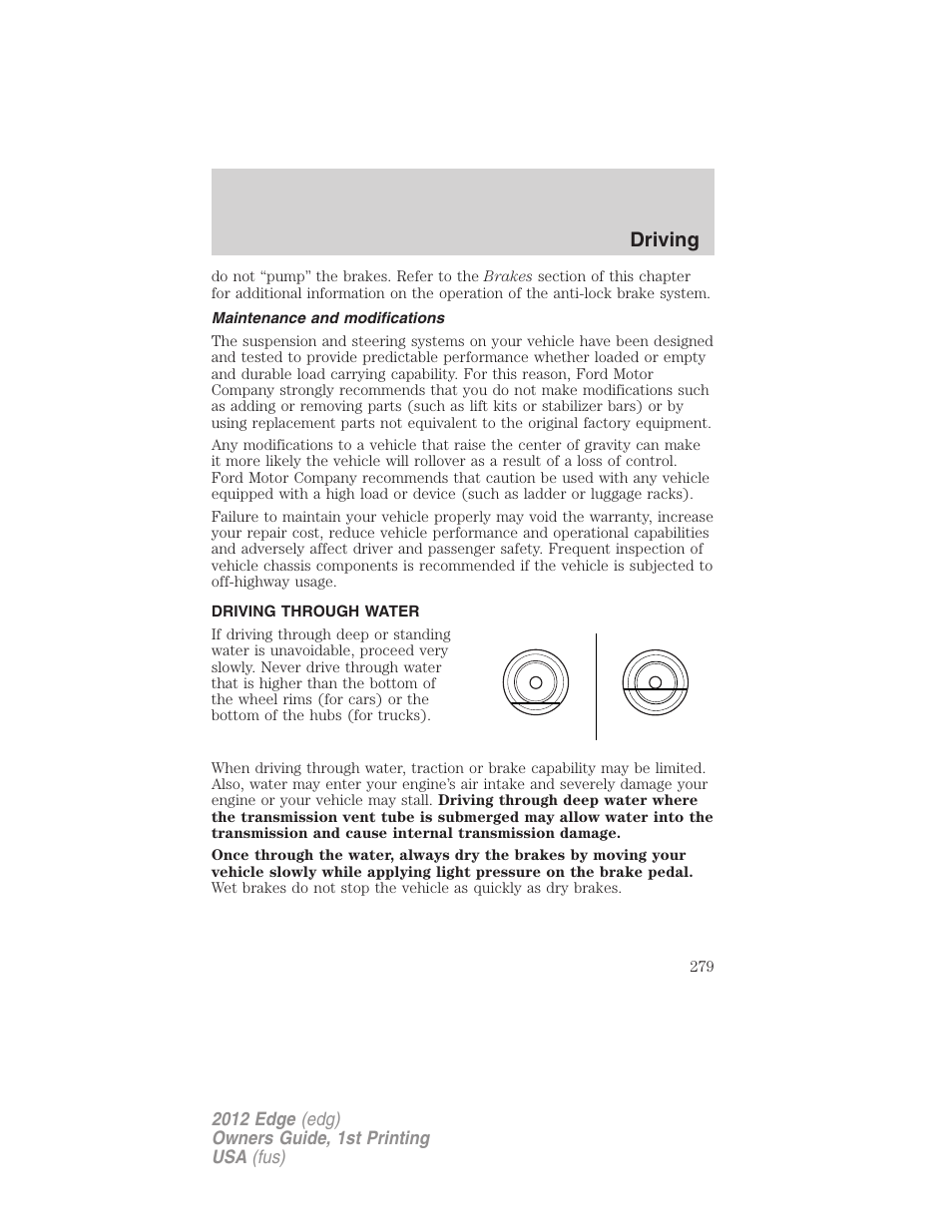 Maintenance and modifications, Driving through water, Driving | FORD 2012 Edge User Manual | Page 279 / 396