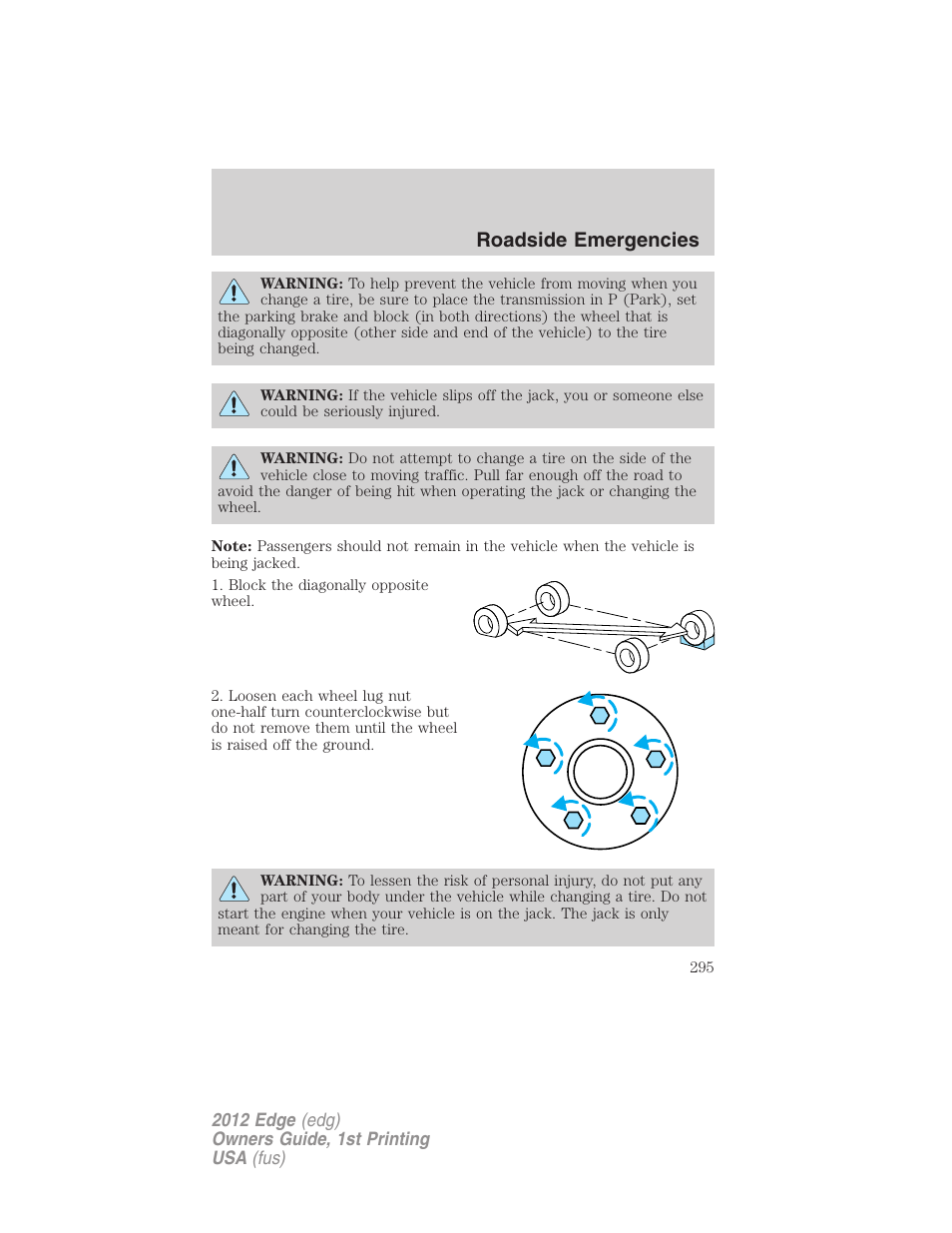 Roadside emergencies | FORD 2012 Edge User Manual | Page 295 / 396