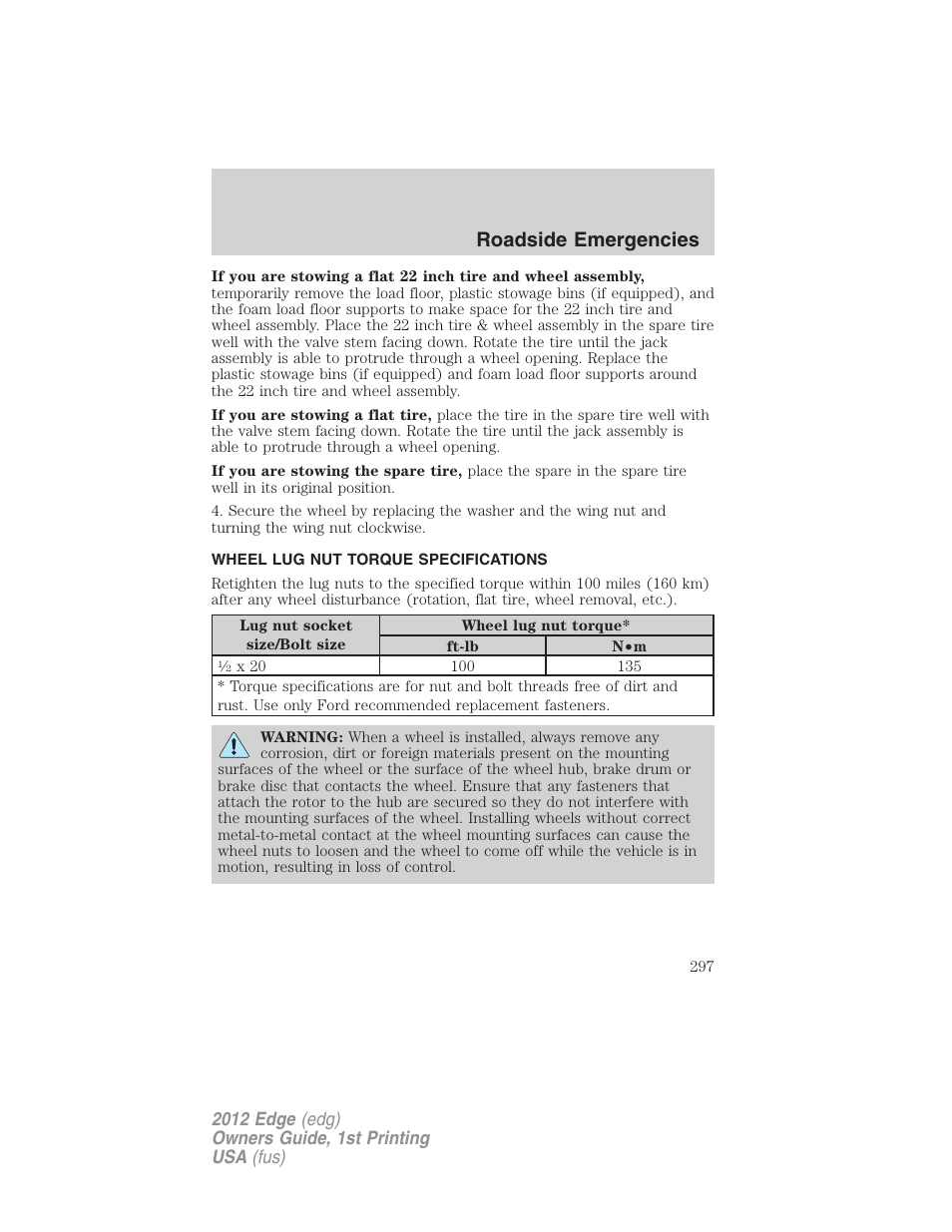 Wheel lug nut torque specifications, Wheel lug nut torque, Roadside emergencies | FORD 2012 Edge User Manual | Page 297 / 396