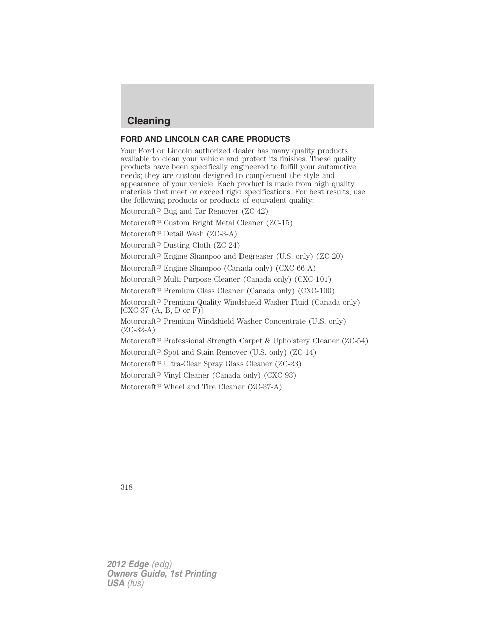 Ford and lincoln car care products, Cleaning | FORD 2012 Edge User Manual | Page 318 / 396